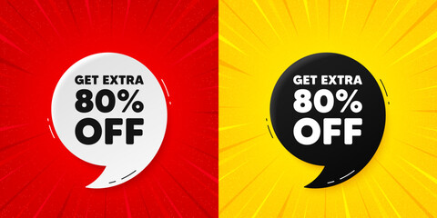 Get Extra 80 percent off Sale. Flash offer banner with quote. Discount offer price sign. Special offer symbol. Save 80 percentages. Starburst beam banner. Extra discount speech bubble. Vector