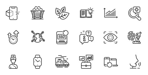 Outline set of Medical analyzes, Product knowledge and World vaccination line icons for web application. Talk, information, delivery truck outline icon. Vector