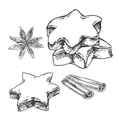 Hand drawn vector Zimtsterne illustration. Traditional Germany Christmas star cookies with almond and sugar. Sweet holiday dessert template for menu, ad, label design