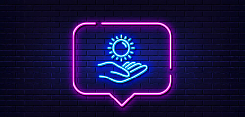 Neon light speech bubble. Sun protection line icon. Skin care sign. Neon light background. Sun protection glow line. Brick wall banner. Vector