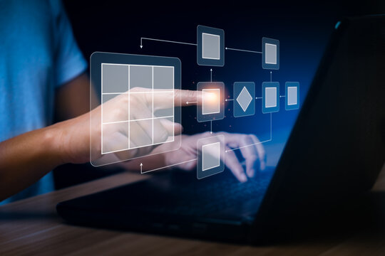 Business process and Automate workflows with flowcharts Business process management, business hierarchy The relationship of positional order and algorithm with a flowchart on a computer screen