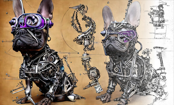 Cyborg suit for french bulldogs including a technical drawing ,made with generative ai