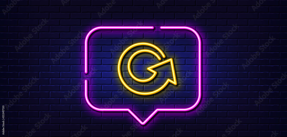 Poster neon light speech bubble. reload arrow line icon. update arrowhead symbol. navigation pointer sign. 