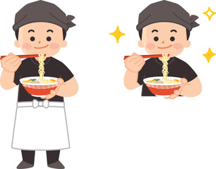 ラーメン屋　ラーメンを食べる男性店員