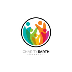 Globe logo with people care design, colorful style, family with circle