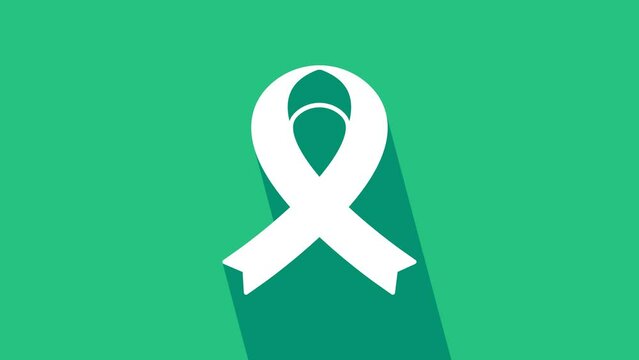 White Awareness ribbon icon isolated on green background. Public awareness to disability, medical conditions and health. 4K Video motion graphic animation