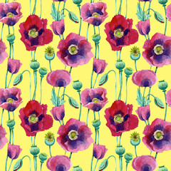 Seamless pattern of poppy flowers painted with watercolours on a yellow background. For fabric, sketchbook, wallpaper, wrapping paper.