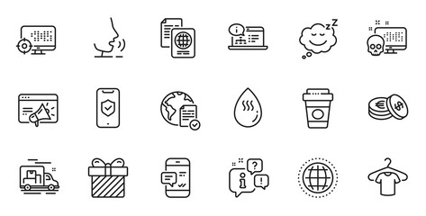 Outline set of Cyber attack, Online voting and Phone protection line icons for web application. Talk, information, delivery truck outline icon. Vector