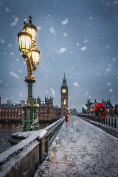 Beautiful winter view of the Westminster Bridge and Big Ben clocktower in London during a winter day with ice and snow, England