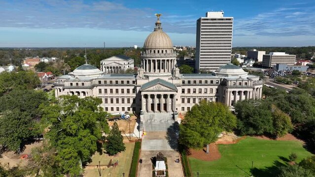 Construction at Mississippi State capitol building in Jackson MS. Aerial approach.