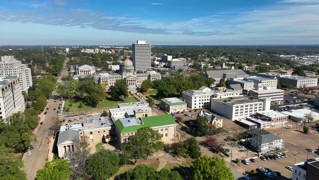 State government in Jackson Mississippi. Capitol building and grounds. Aerial view.