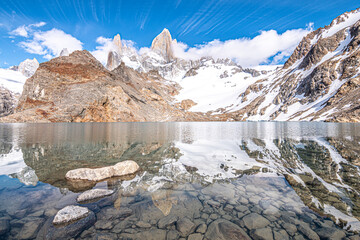 panoramic view of laguna de los 3  with fitz roy at background, argentina