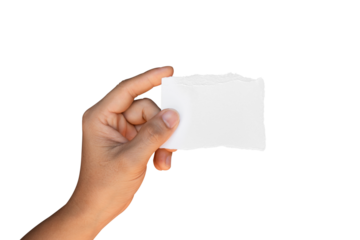 Hand holding ripped torn paper isolated on transparent background PNG file.