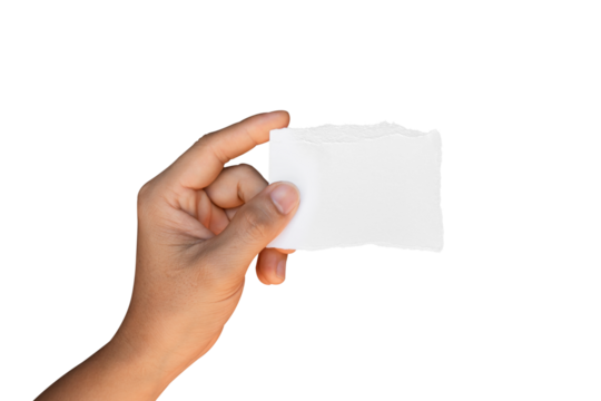 Hand holding ripped torn paper isolated on transparent background PNG file.