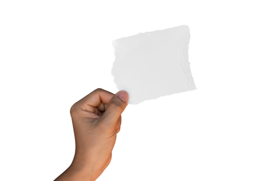 Hand holding ripped torn paper isolated on transparent background PNG file.
