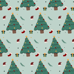 All Christmas tree, hat and christmas  elements background seamless pattern in vector.