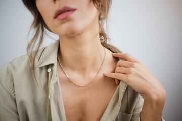 Beautiful Woman Wearing Minimalistic Jewelry Gold Necklace Natural Beauty