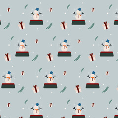 Snowman in Christmas and seasonal elements background seamless pattern in vector.