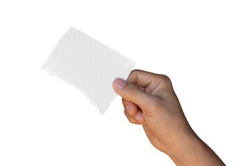 Hand holding ripped torn paper isolated on transparent background PNG file.