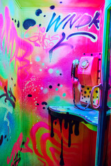 Phone booth fully painted in vibrant glowing colors
