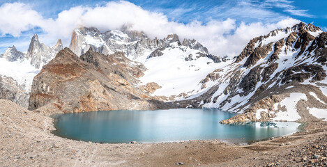 panoramic view of laguna de los 3  with fitz roy at background, argentina