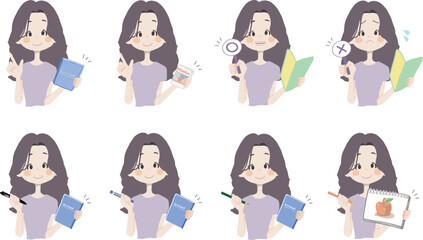 【本、漫画、マルバツ、絵を持っている女の子】表情とポーズのバリエーションセット