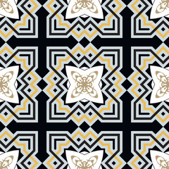 Plexus celtic style seamless pattern. Modern vector background. Repeat ornate patterned backdrop. Floral ornament with vintage golden flowers, cross, shapes, lines, squares. Endless texture