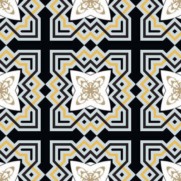 Plexus celtic style seamless pattern. Modern vector background. Repeat ornate patterned backdrop. Floral ornament with vintage golden flowers, cross, shapes, lines, squares. Endless texture