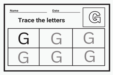 Alphabet tracing worksheet. A-Z writing pages. Letter G. uppercase and lowercase tracing. Handwriting exercise for kids. Printable worksheet.