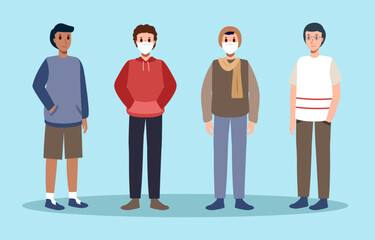 Masked men patients with casual clothes . Cartoon characters design . Vector .