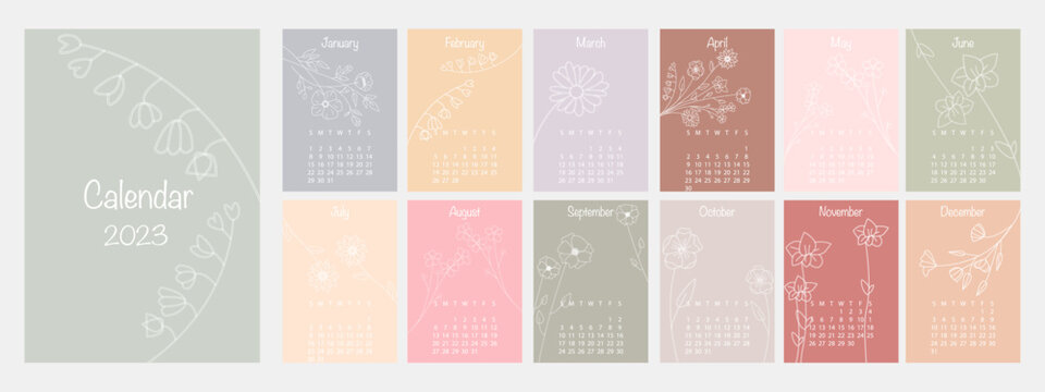 Vector calendar of 2023. Botanical themed calendar template. Calendar design concept with abstract seasonal flowers.