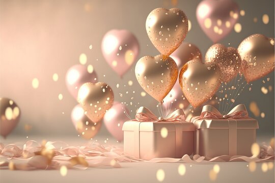 Festive romantic background with balloons hearts and confetti Valentine's Day or Merry Christmas and Happy New Year greetings. Generative Ai.