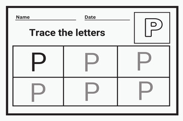 Alphabet tracing worksheet. A-Z writing pages. Letter P. uppercase and lowercase tracing. Handwriting exercise for kids. Printable worksheet.