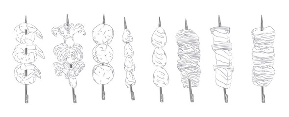 Vector black and white illustration of a Japanese kebab on a skewer. Asian cuisine wallpaper for menu, packaging, cafe, restaurant.