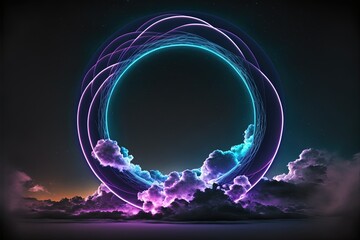 Abstract glowing circular shape with clouds on dark background Generative AI