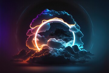 Obraz premium Abstract glowing circular shape with clouds on dark background Generative AI
