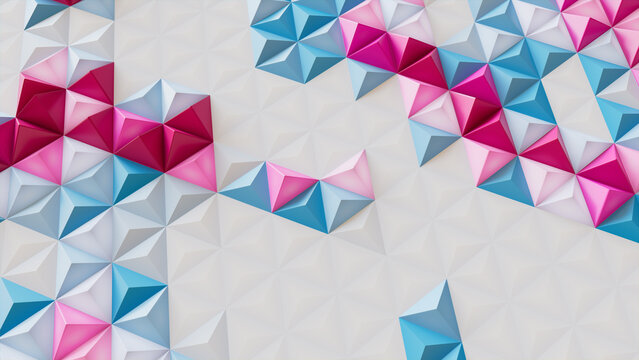 White, Blue and Pink Abstract Surface with Triangular Pyramids. High Tech, Bright 3d Wallpaper.