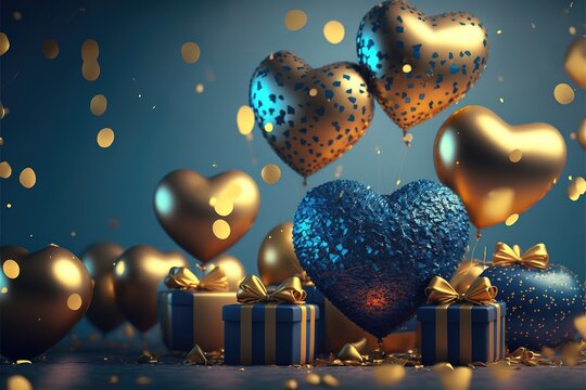 Festive background with blue gold balloons and gifts for New Year or Valentine's Day or any other holiday.  Generative Ai.