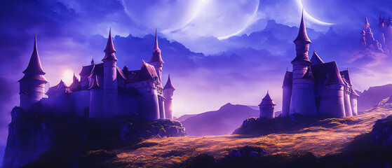 Naklejka premium Castle illustration on the meadow landscape.
