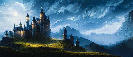Fototapeta premium Castle illustration on the meadow landscape.