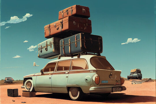 Generated image of old car ready to travel. Lots of suitcases on roof.