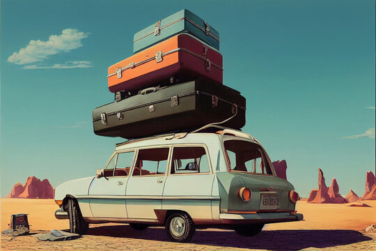 Generated image of old car ready to travel. Lots of suitcases on roof.