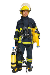 Full body young smiling African-American man in uniform of fireman with breathing air cylinder apparatus and full facepiece respirator and fire hose in hands, isolated on white background