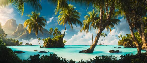 Illustration of tropical landscape in caribbean sea, Vacation background. Travel concept. Generative AI