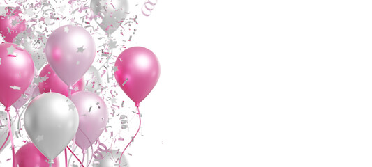 Pink and silver balloons with foil confetti falling on white background 3d render - 553425149