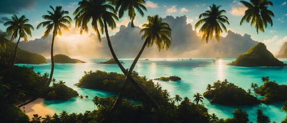 Fototapeta na wymiar Illustration of tropical landscape in caribbean sea, Vacation background. Travel concept. Generative AI