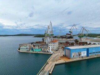 Uljanik Shipyard Pula Croatia  low angle drone aerial view