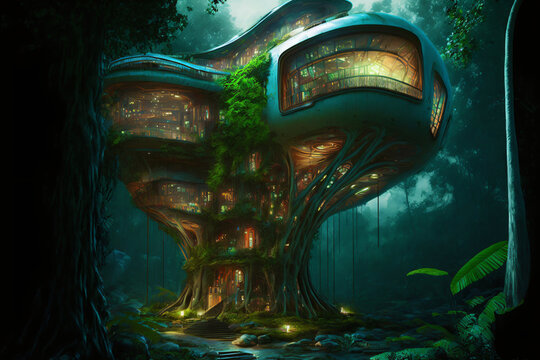 science fiction architecture in the jungle, futuristic building, modern organic architecture concept, exotic fantasy landscape, digital illustration,generative ai
