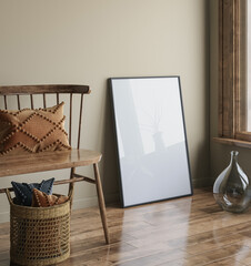 Fototapeta na wymiar Mock up frame in home interior background, Scandi-Boho style, 3d render