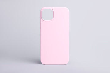 high quality iPhone 14 plus pink phone case mock up isolated on gray background, 3d object mockup...